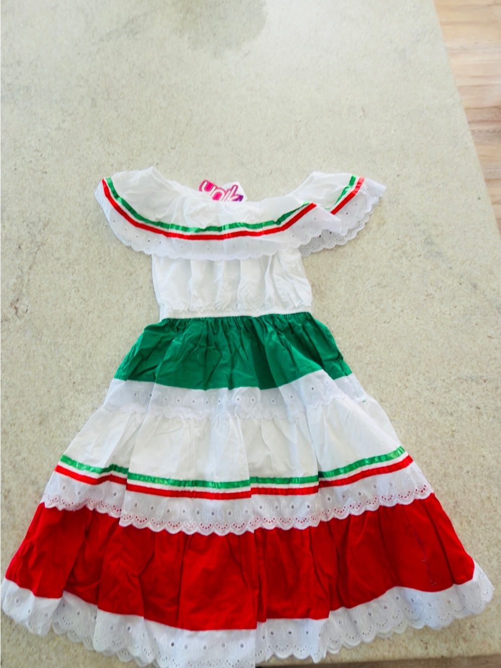 Unik Girls' Tricolor Fiesta Dress - White, Green & Red